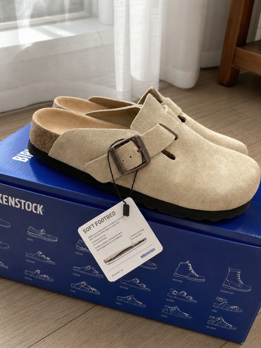 Birkenstock women's Boston Clog in Sand Suede with Metal Buckle